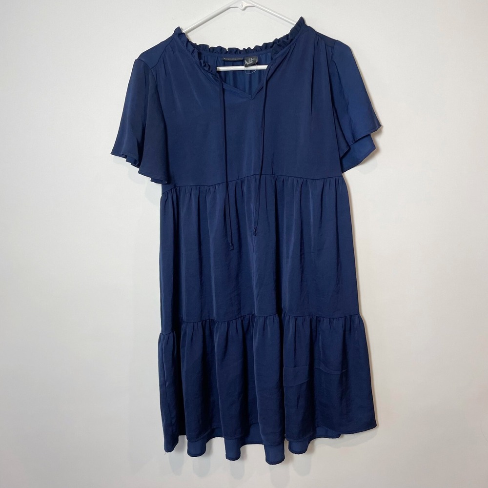 Nicole Miller Womens Short Sleeve Tiered Mini Dress Blue XS‎ Tie Neck Flutter